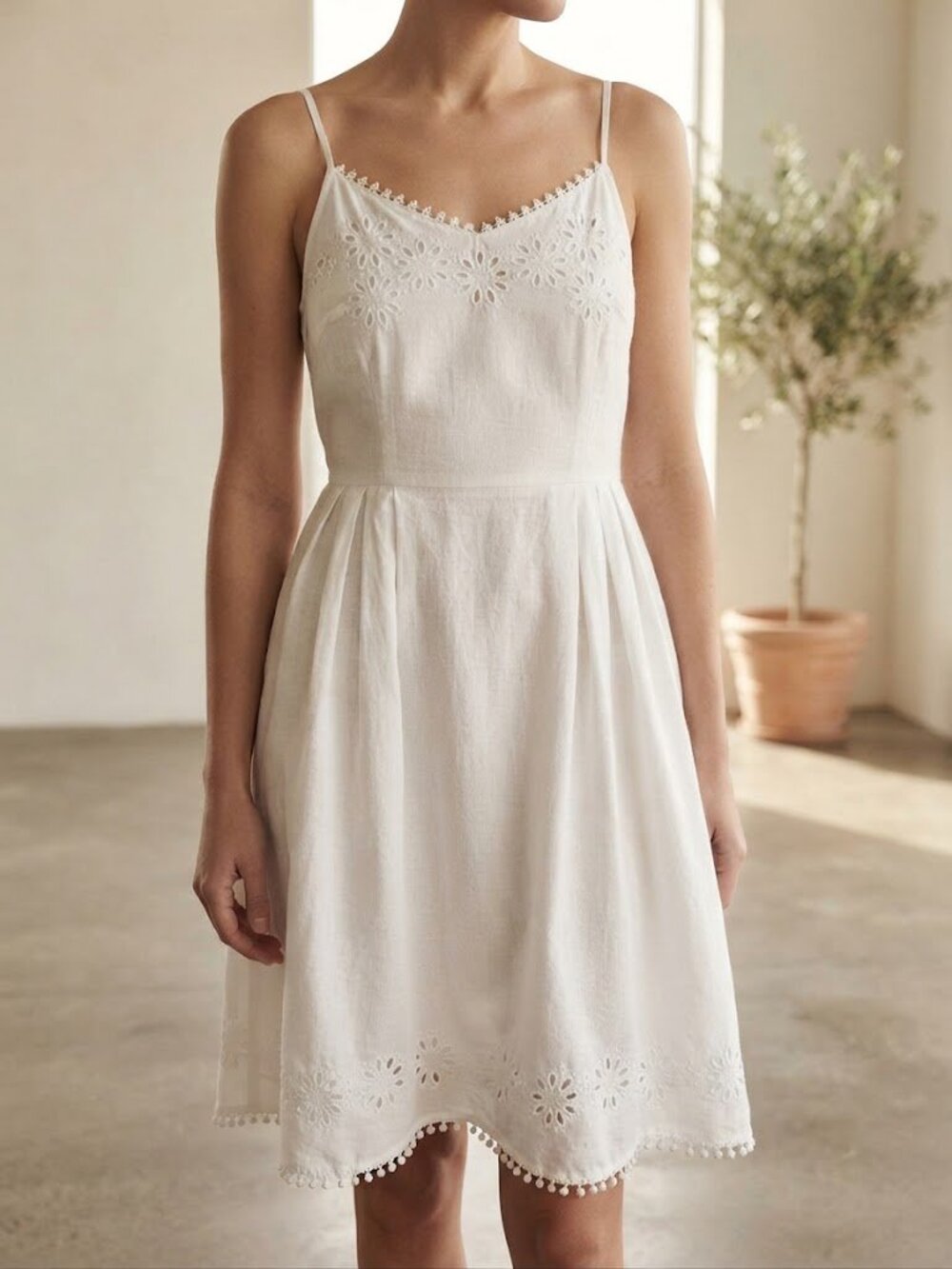 White Lace Trim Eyelet Mini Dress